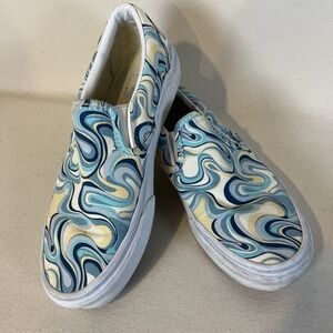 Classic Vans Turquoise Blue And Yellow Swirls Slip Ons‎ Women's 5- Men's 3.5